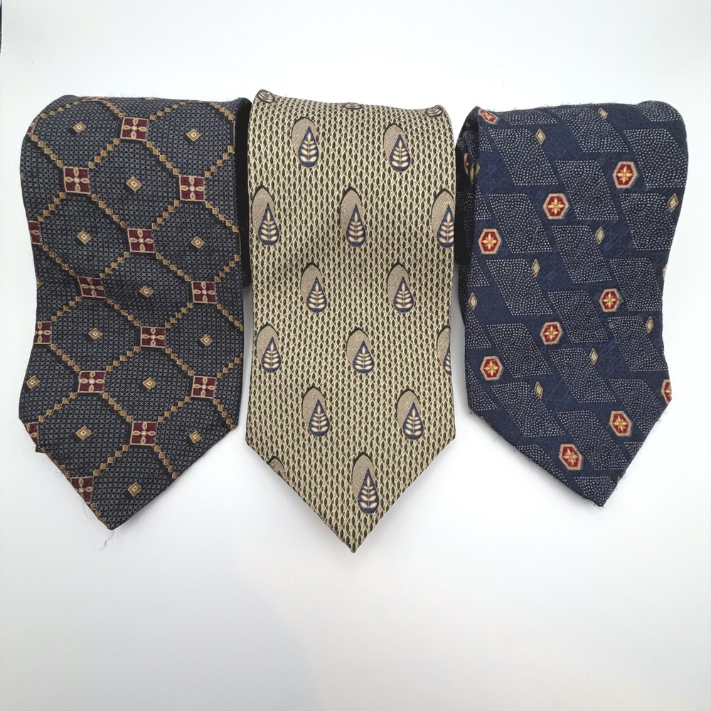 Nautica Silk Neckties Mens OS Navy Blue Tan Excellent Lot of 3 Geometric Ties